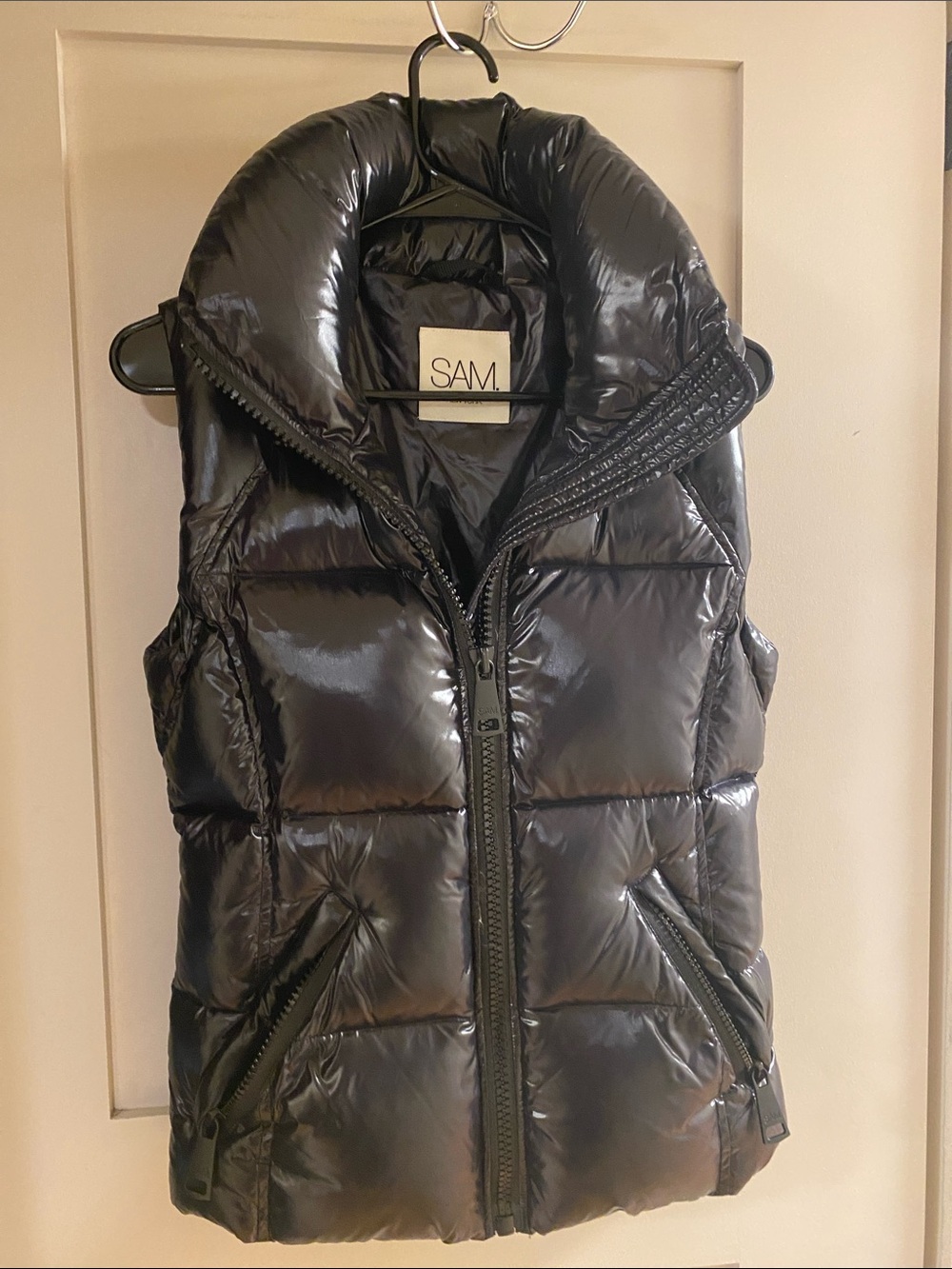 SAM. Shiny Black Quilted Puffer Vest with High Collar